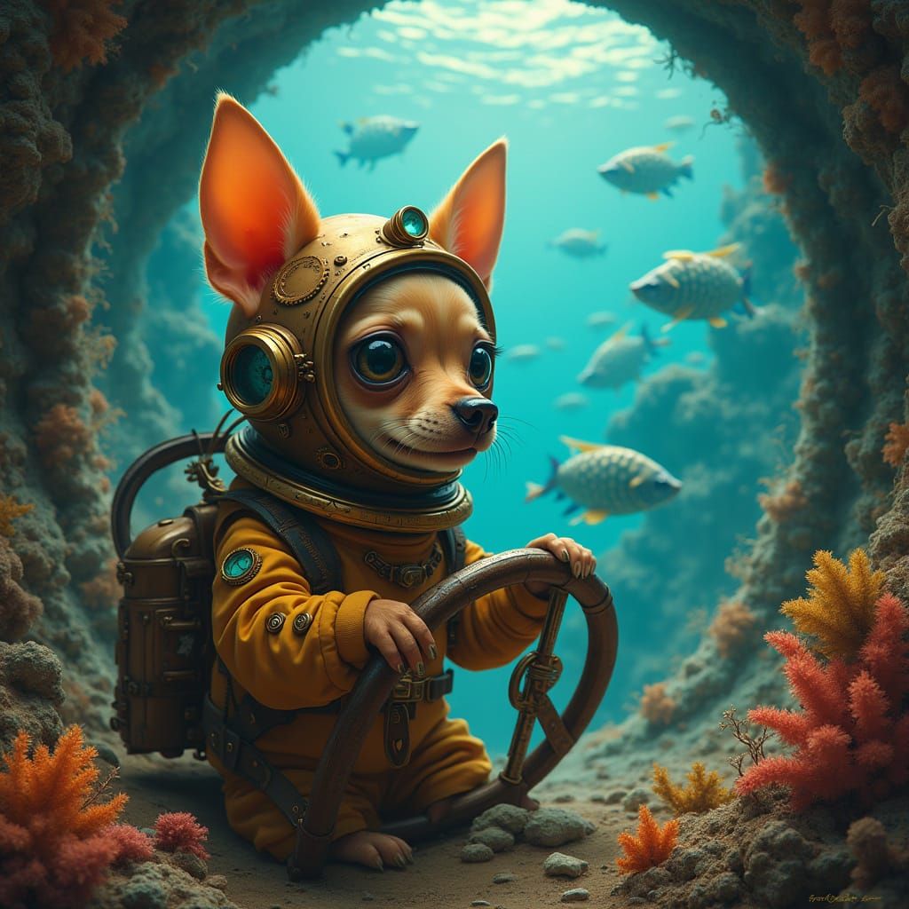 Steampunk Chihuahua Explores Futuristic Underwater City