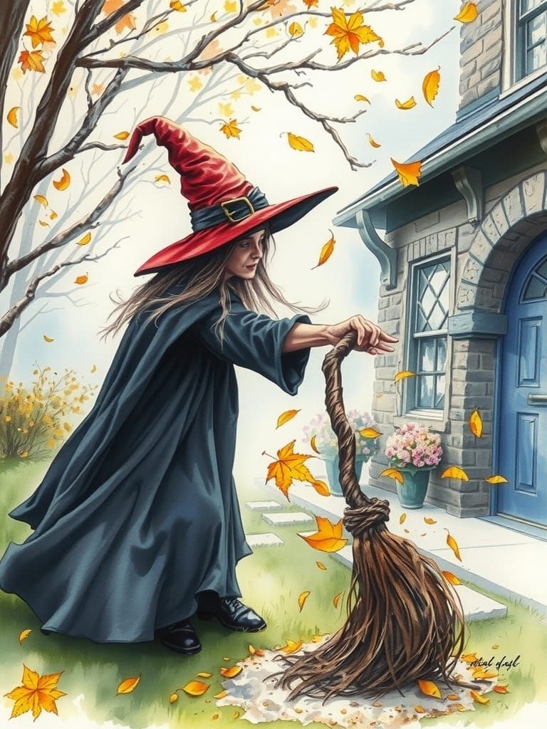 Haughty Witch Sweeps Yard in Magical Whirlwind