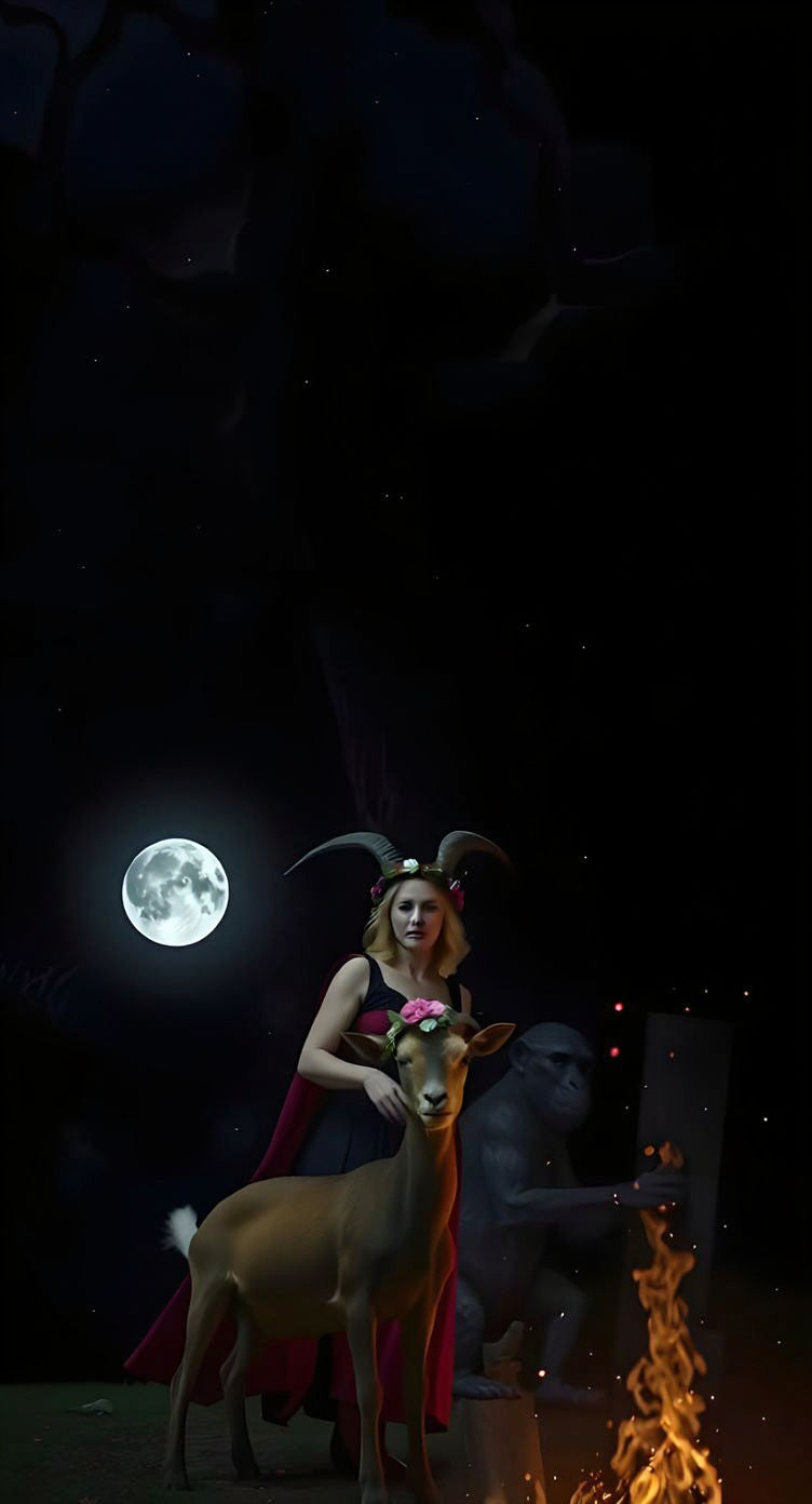 Royal Goat and Ape Embrace Under Yggdrasil