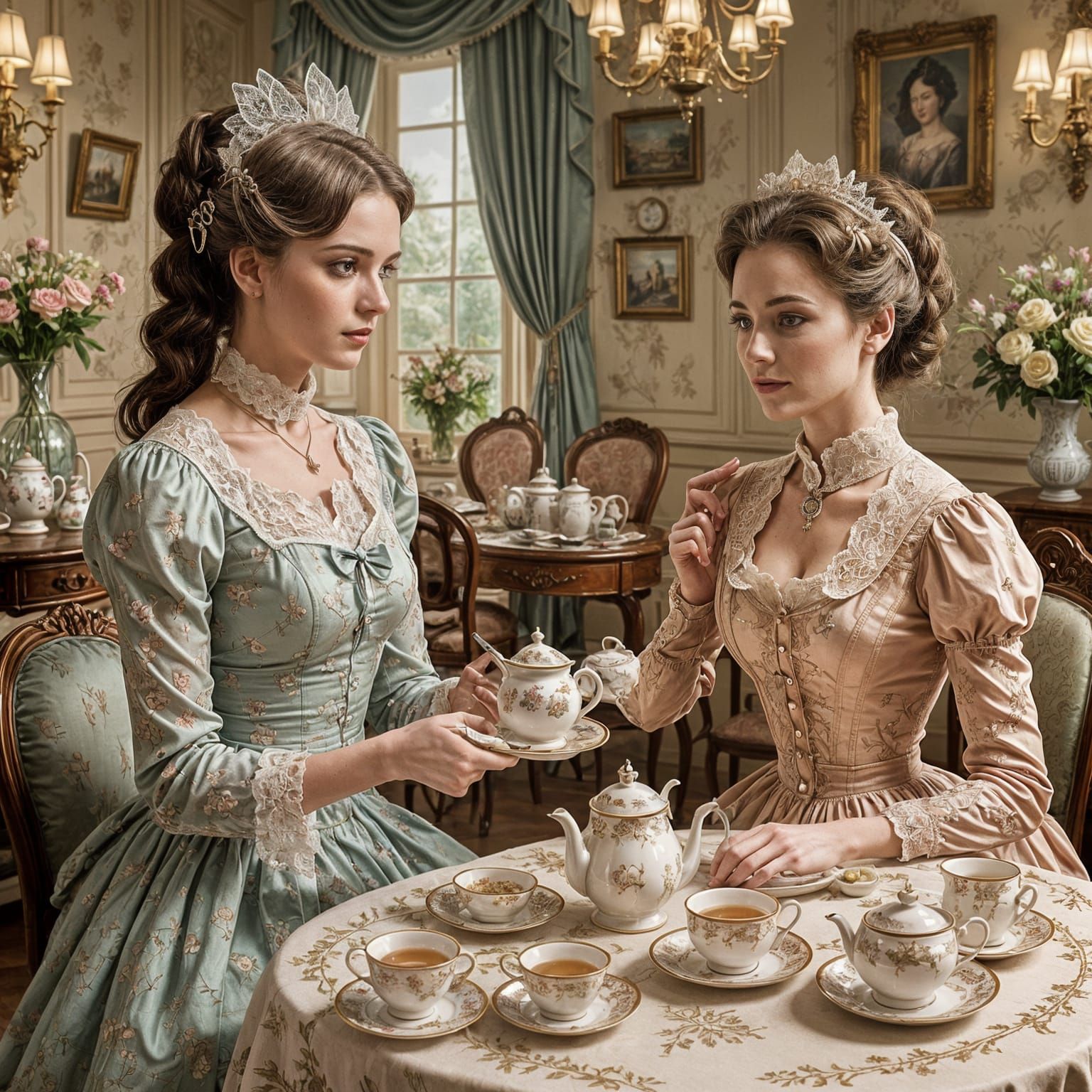 Elegant Victorian Steampunk Tea Party in Whimsical Line Art
