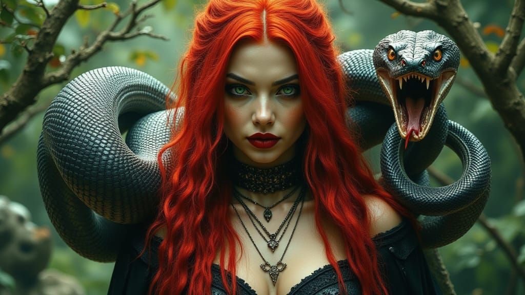 Sorceress and Cobra in Ethereal Horror Art Style