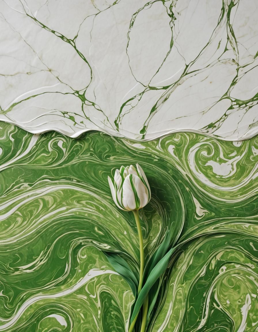 Green Tulip on Marbling Paper Abstract Background