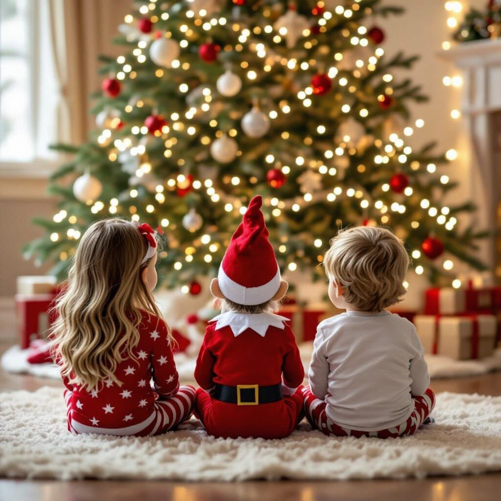 Elf on the Shelf with Children by Christmas Tree