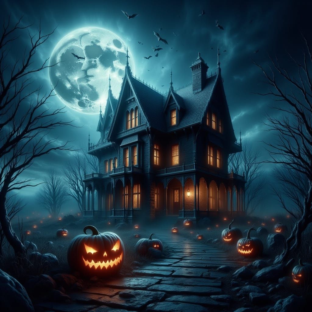 Haunted Victorian Mansion Under Eerie Moonlight