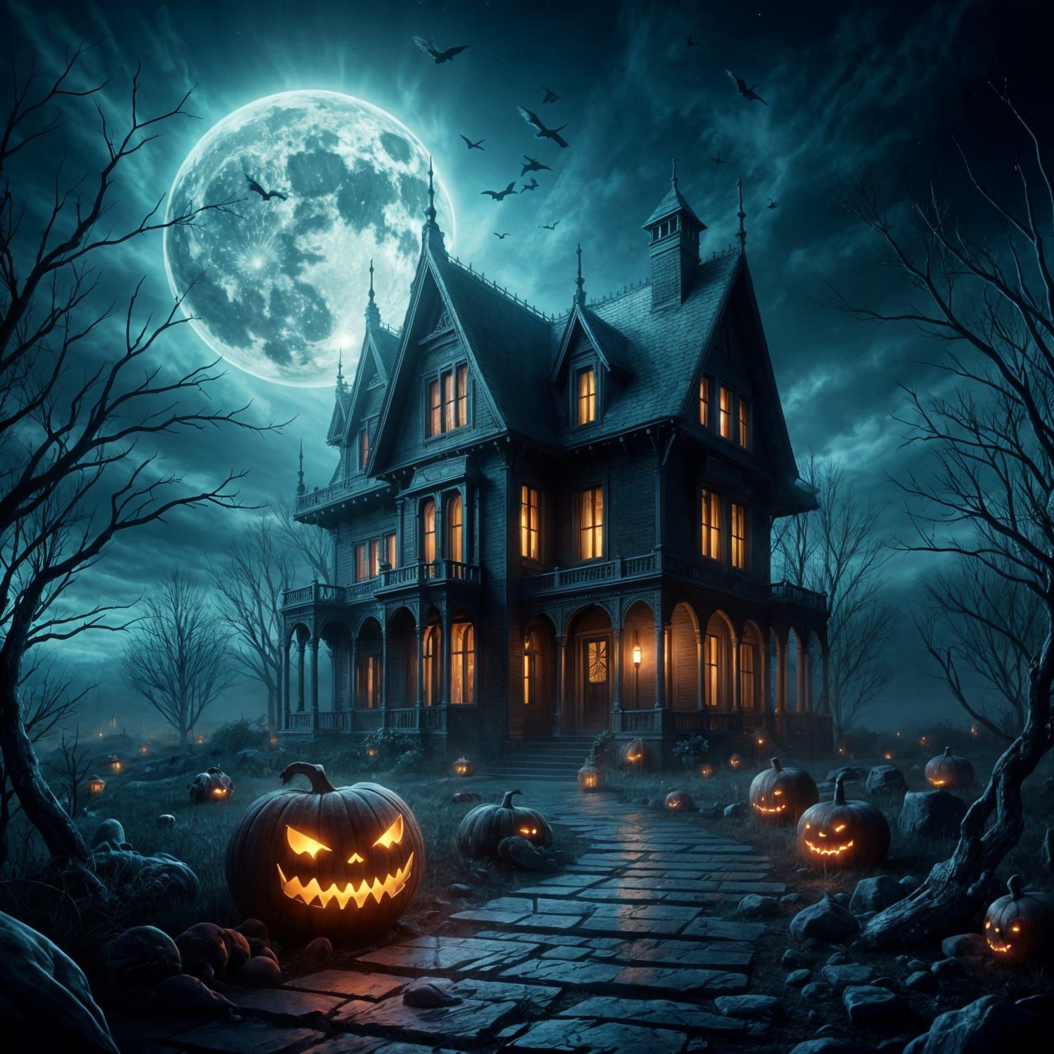 Haunted Victorian Mansion Under Spectral Moonlight