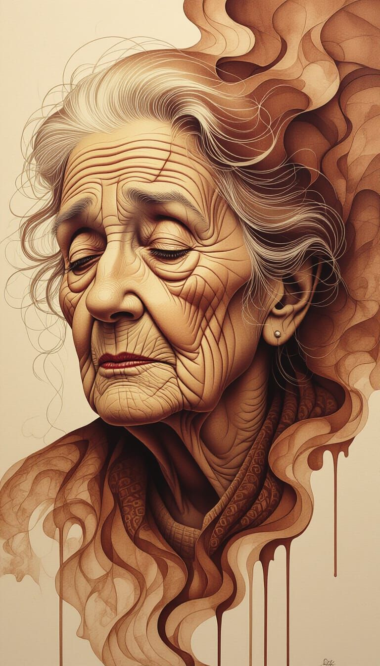 Melancholic Old Woman's Face Melting in Chocolate Tones