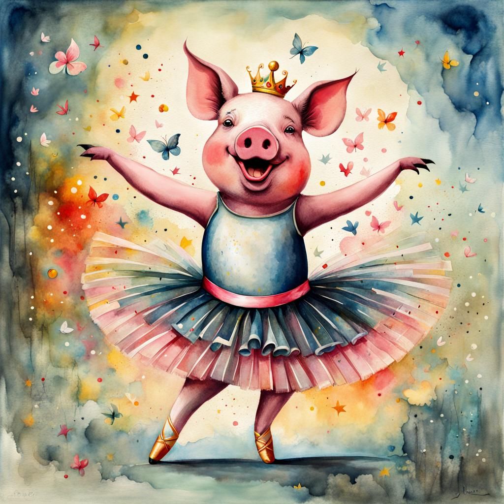 Dancing Pig in Ballerina Tutu, Whimsical Illustration