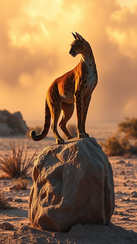 Golden Caracal Stands Vigilant in Arabian Desert Landscape