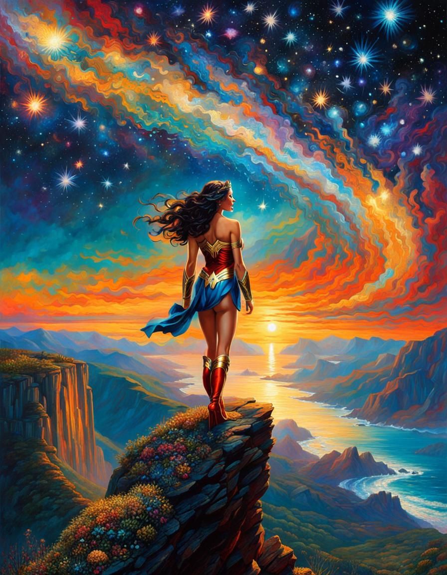 Wonder Woman Mosaic Gazing at Cosmic Sky