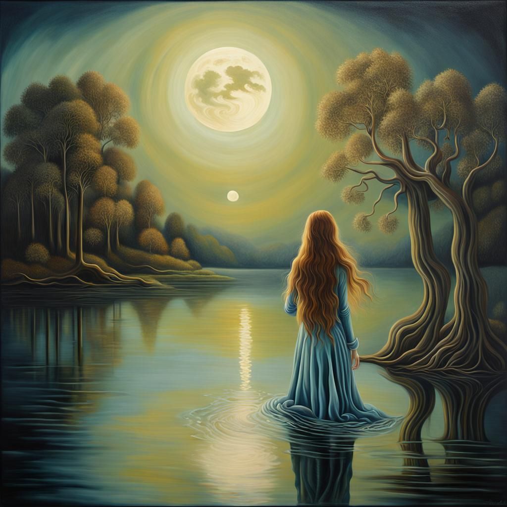 Lady of the Lake: Surreal Oil Painting in Dreamy Light