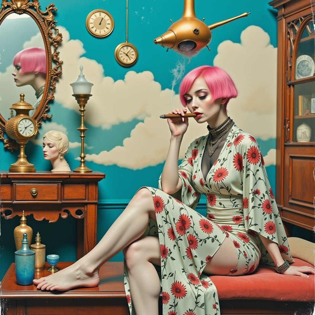 Surreal Boudoir: Woman with Tattoos Smoking Cigar