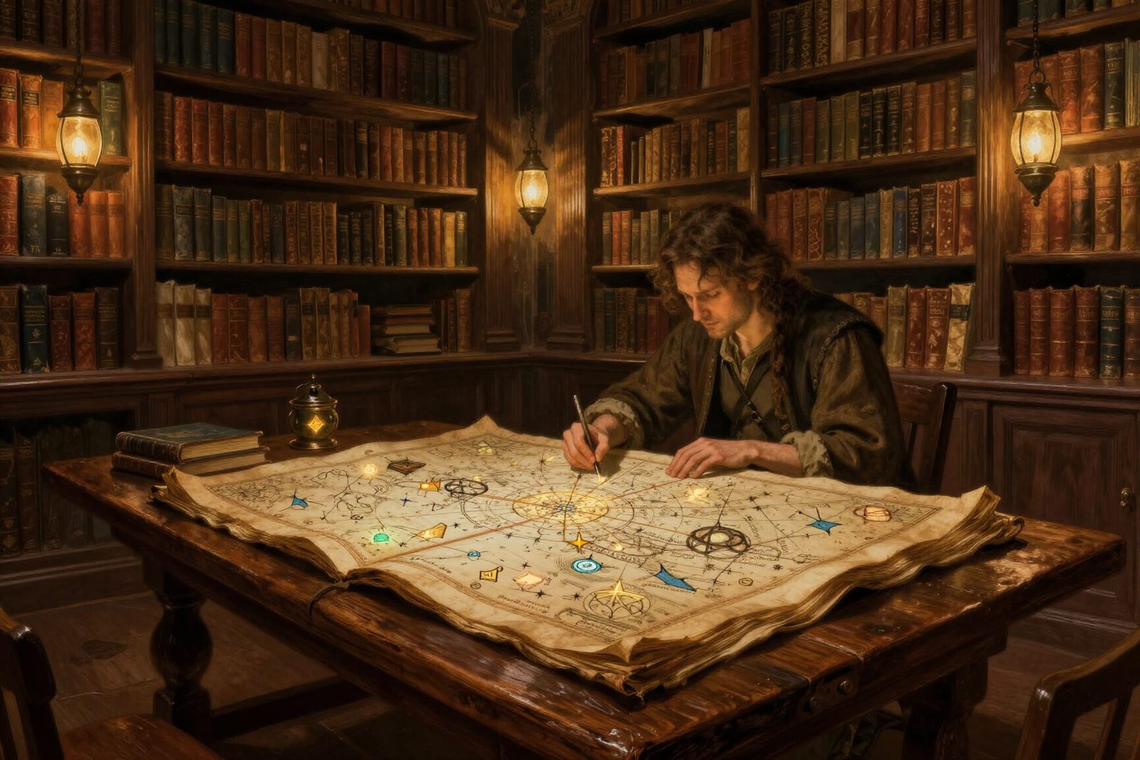 Ancient Library Explorer Studying Celestial Map