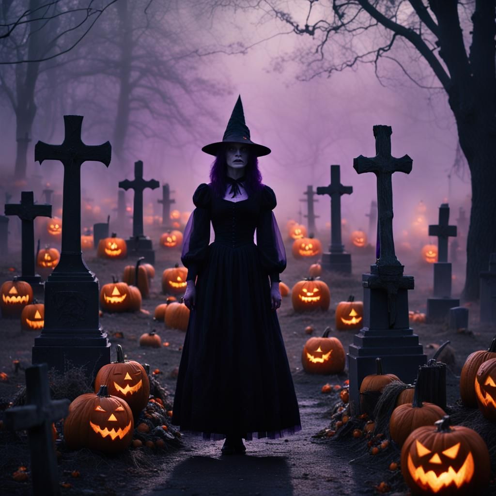 Cinematic Witch in Graveyard at Witching Hour