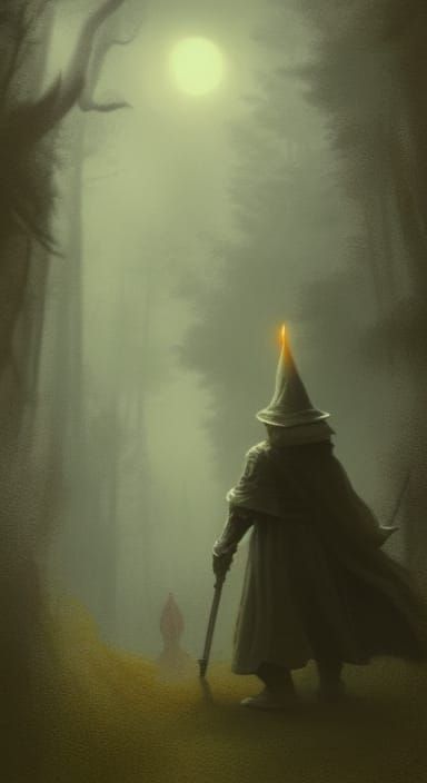 Grey Wizard with Staff in Atmospheric Dark Fantasy