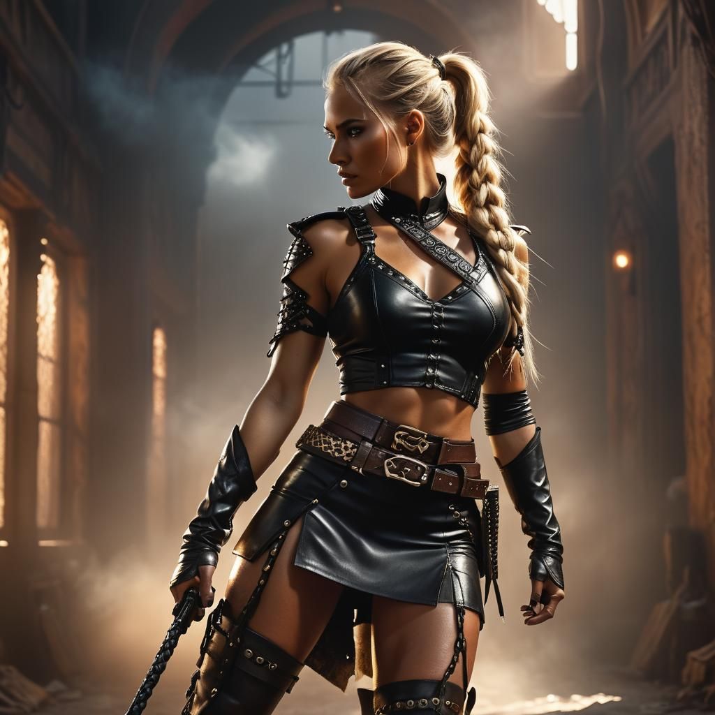 Woman Bounty Hunter in Smoky, Golden Lit Environment