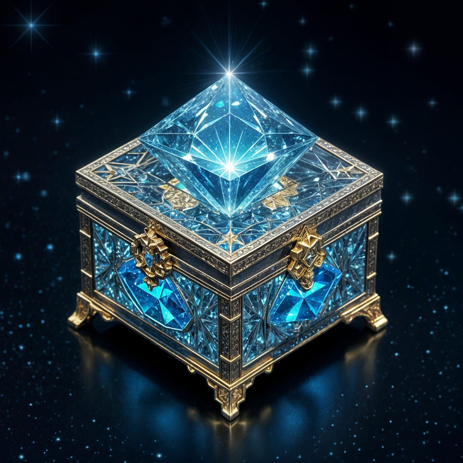 Silver and Gold Box with Glowing Blue Gem Portal