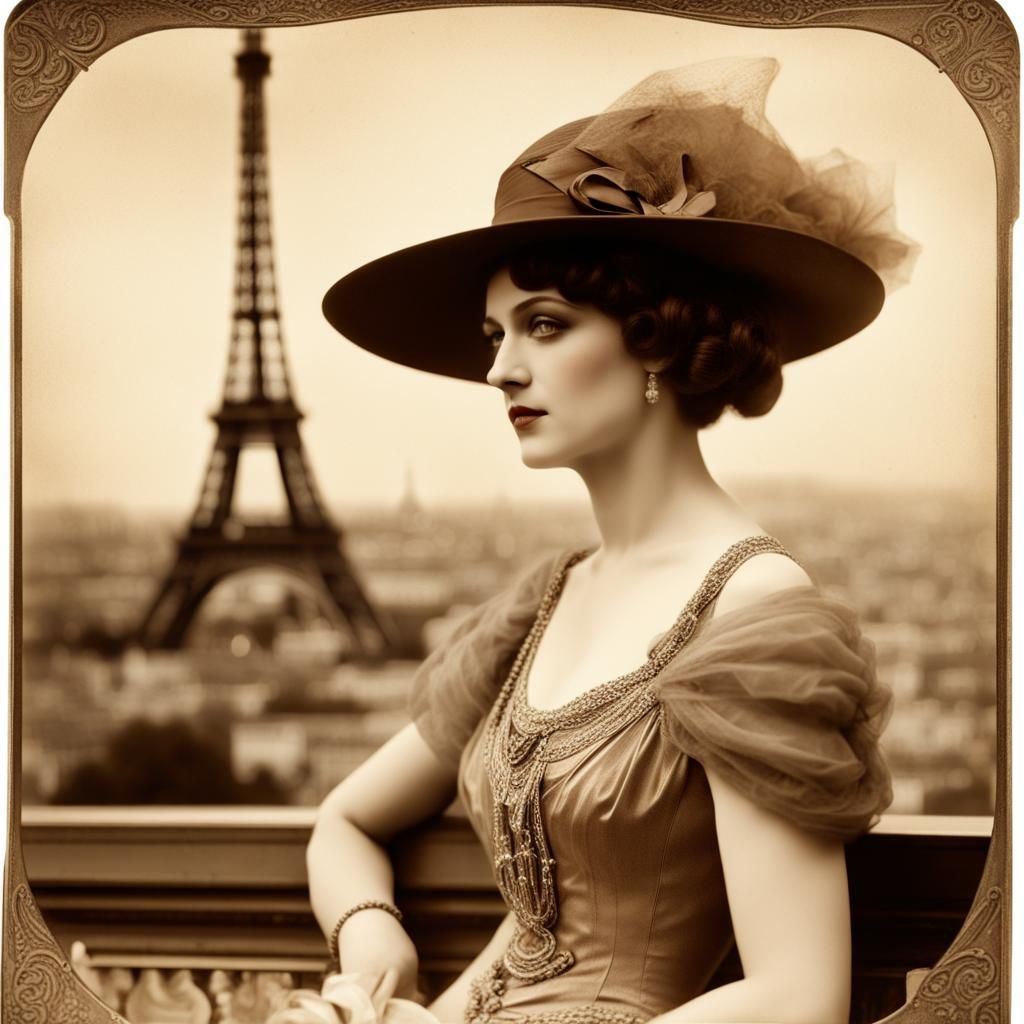 Paris Eiffel Tower Sepia Postcard in Art Nouveau Style