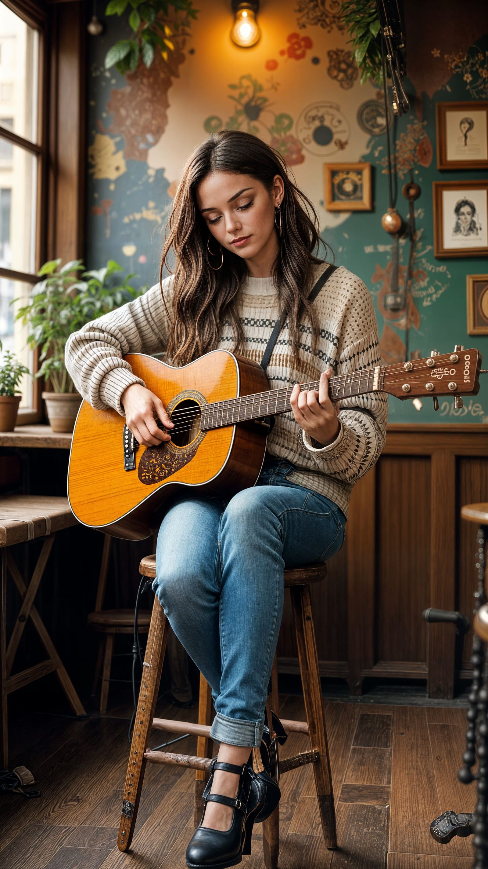 Woman Lost in Music at a Cozy Coffee House