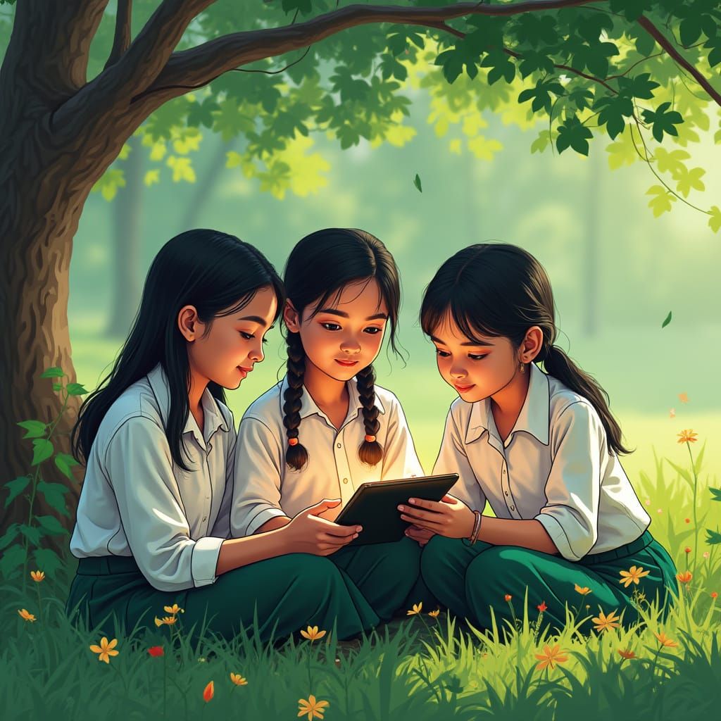 Bangladeshi Schoolgirls Learning in Lush Greenery