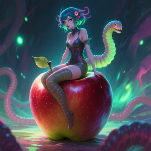 Worm Monster Girl Poses on Giant Apple