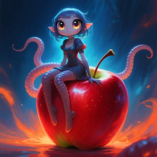 Worm Monster Girl Sitting on Giant Apple