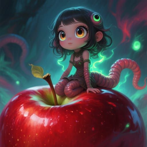 Worm Monster Girl Sitting on Giant Apple