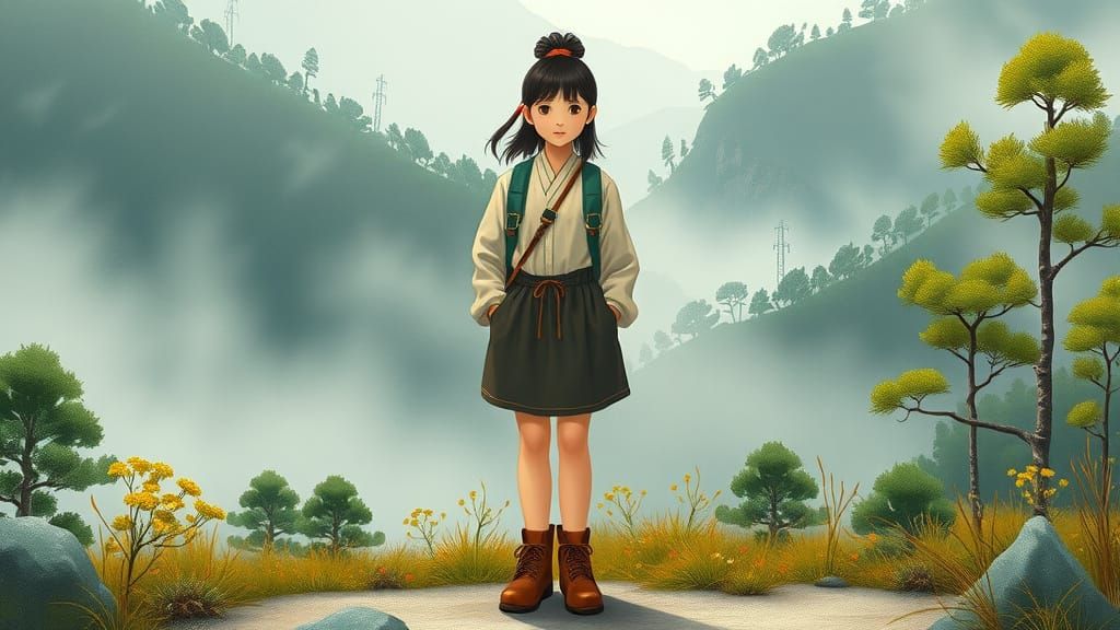 Asian Girl in Mountain Landscape, Inspired by Loish