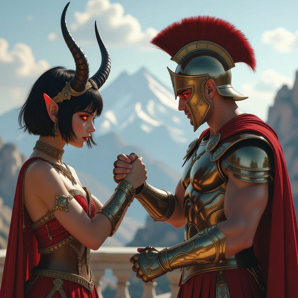 Tiefling Girl Arm Wrestles Ares on Mount Olympus