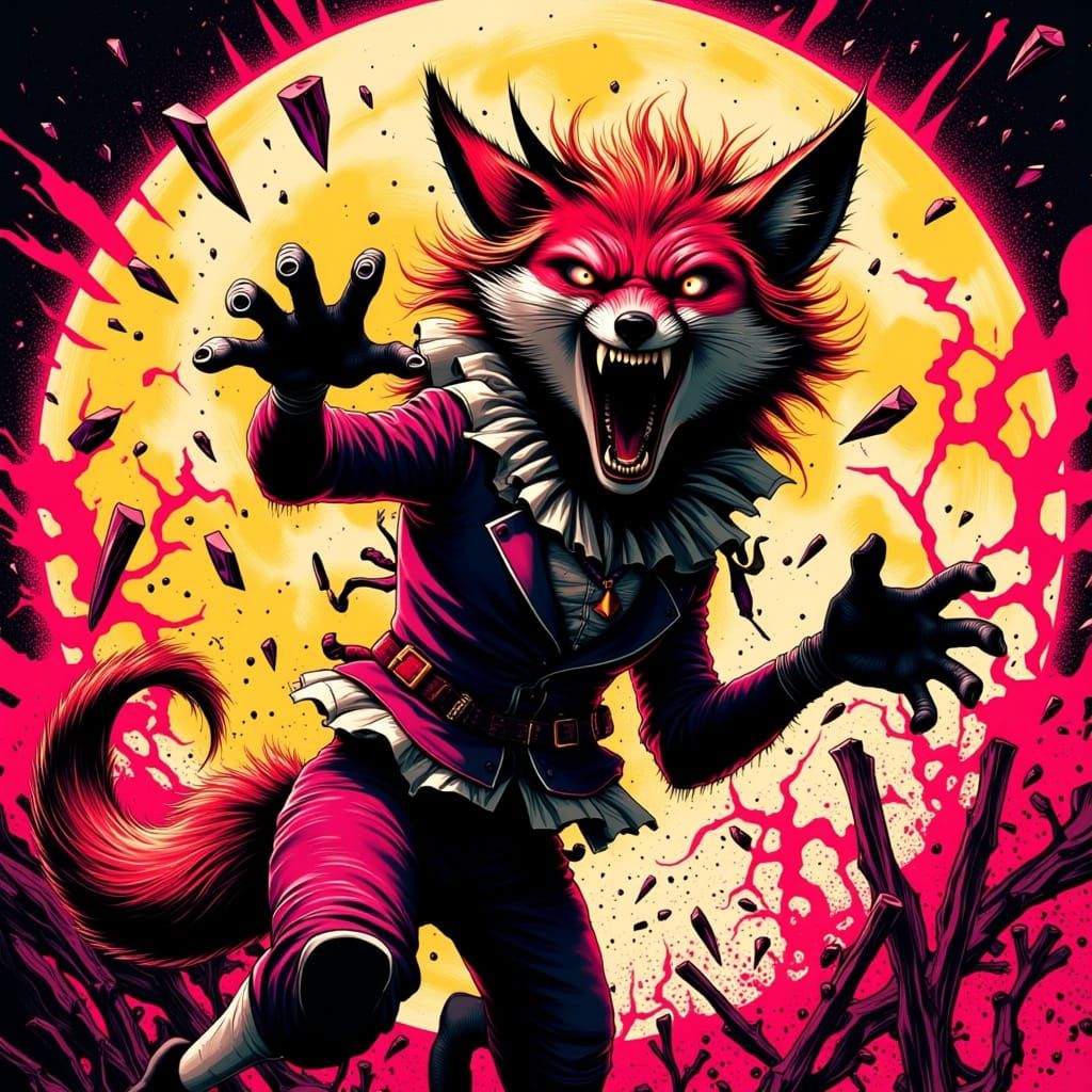 Vibrant Frenzied Fox in Full Moon Glow