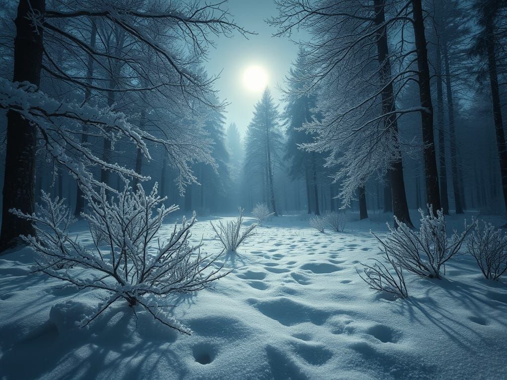 Surreal Winter Wonderland under Moonlit Skies
