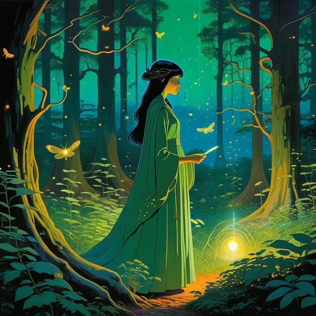 Mystical Sorceress in Forest, Dreamy Digital Painting