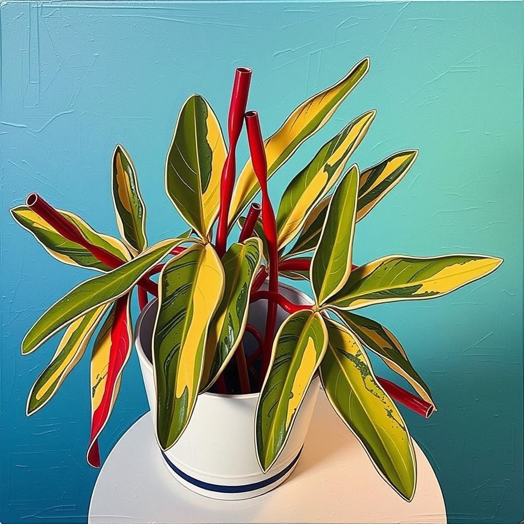 Calathea Plant on White Table with Turquoise Background