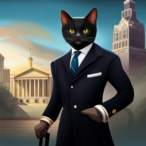 Dignified Cat in Suit Before Neoclassical Courthouse
