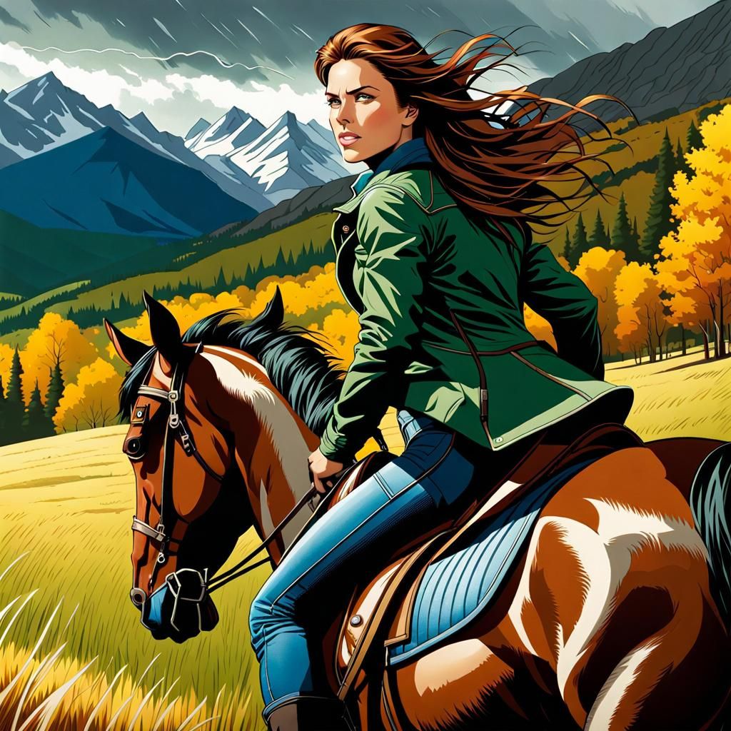 Woman on Horseback in Montana Meadow During Storm