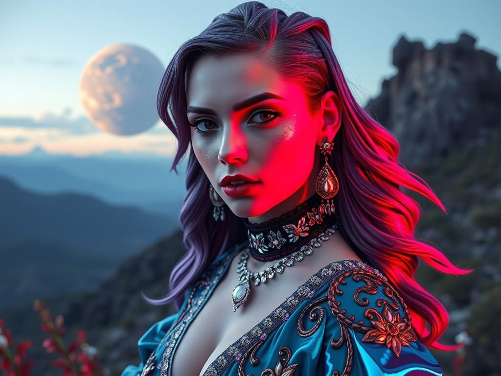 Luxurious Fashion Goddess with Iridescent Hair, Scarlet Acce...