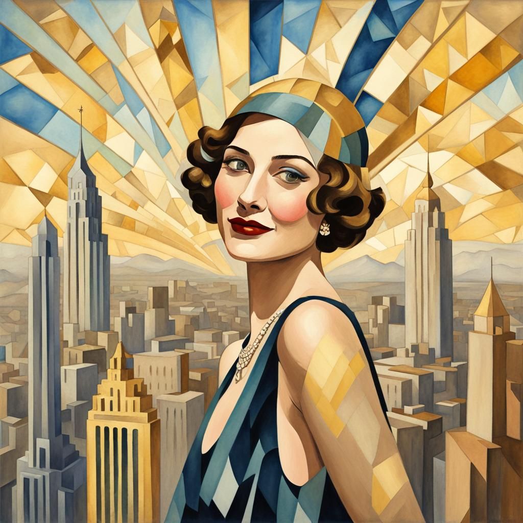 1920s Woman in Surreal Art-Deco Gouache Style