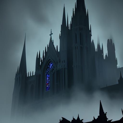 Gothic Cathedral in Mist-Shrouded Forest, Dark Fantasy Art