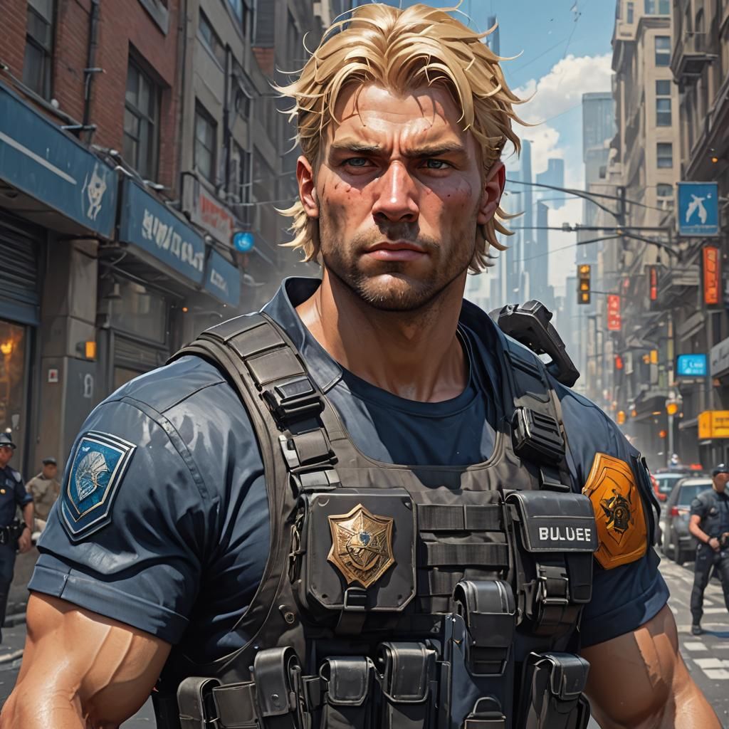 Detailed Portrait of a Muscular Policeman in Tactical Gear