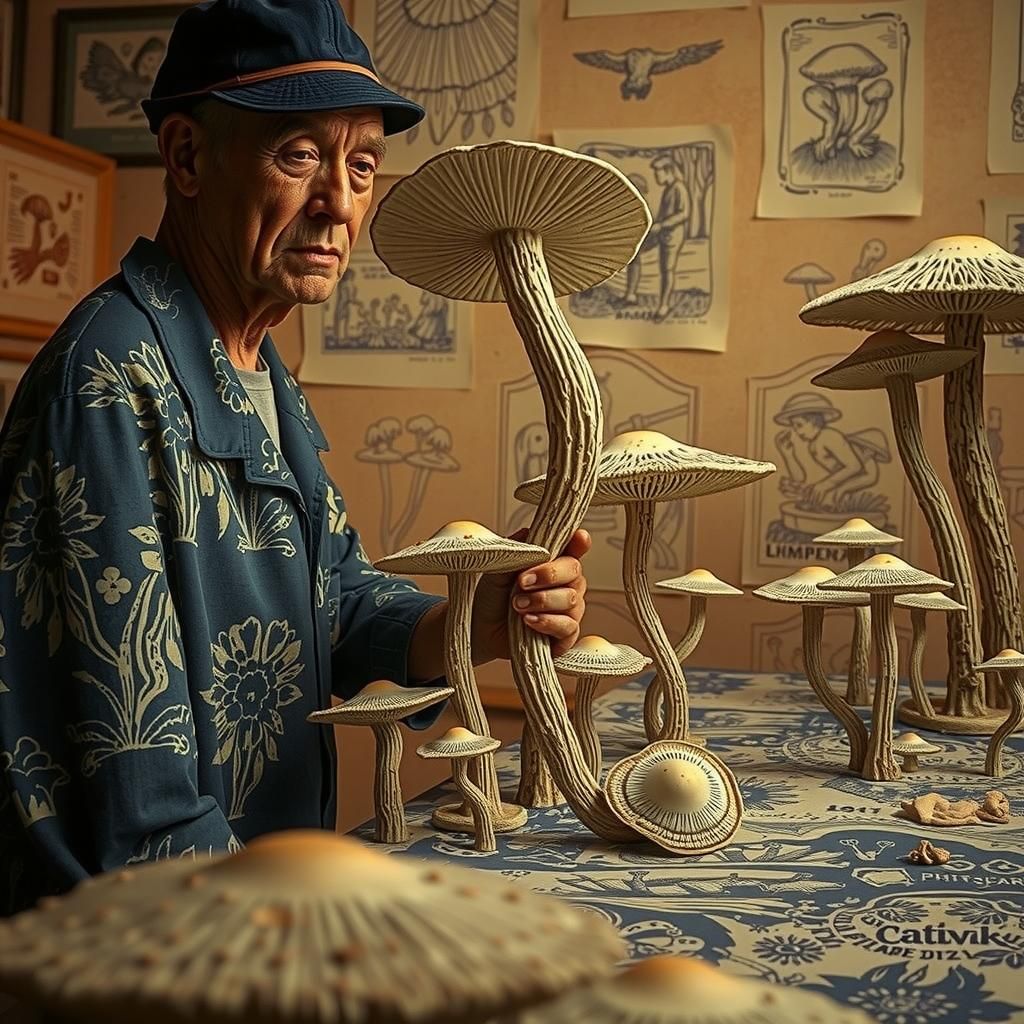 Linocut Mushroom Garden with Porcelain Sculptors