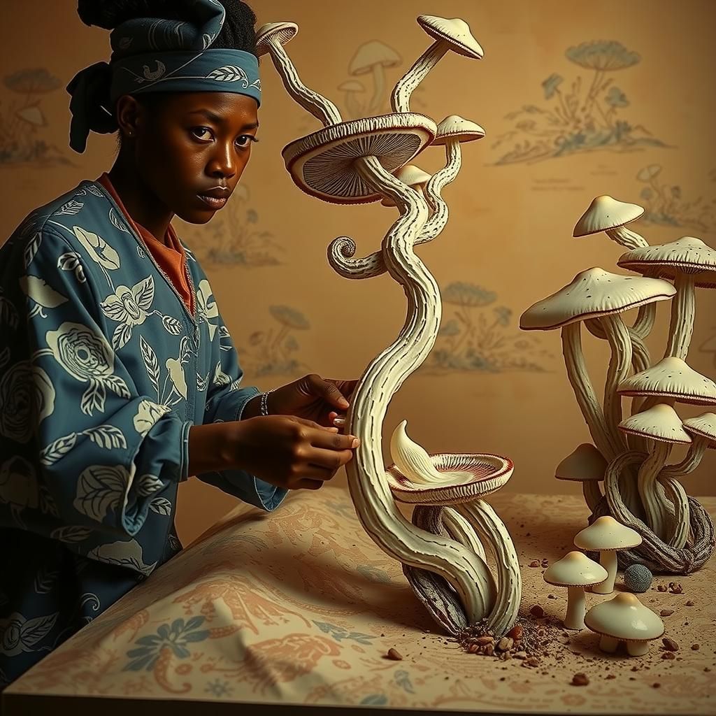 Mushroom Cultivators in Blue and White Linocut Style