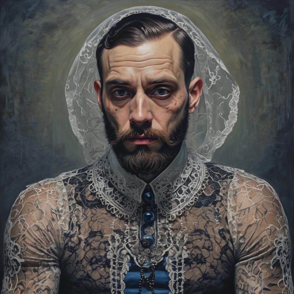 Dieselpunk Bearded Man in Lace Dress, Cyberpunk Style