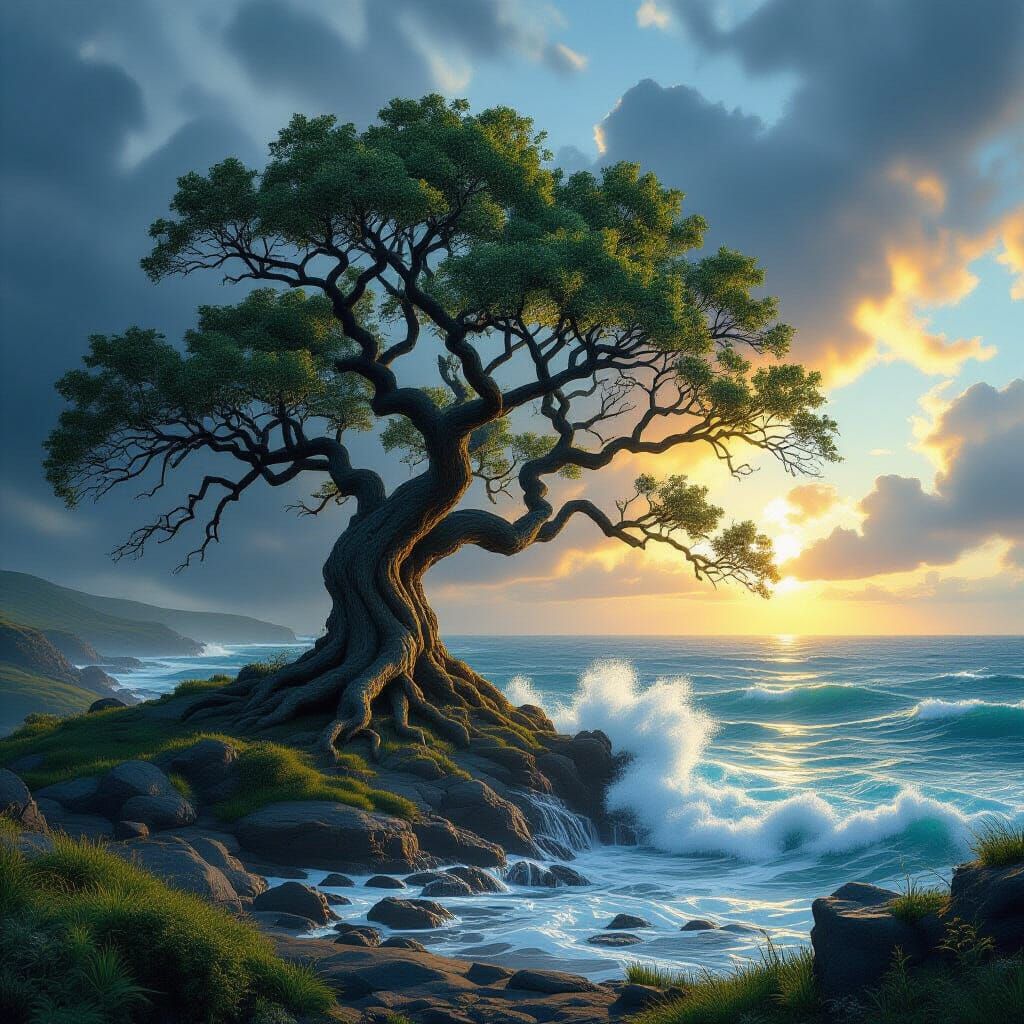 Ancient Oak on Stormy Coast: Fantasy Concept Art