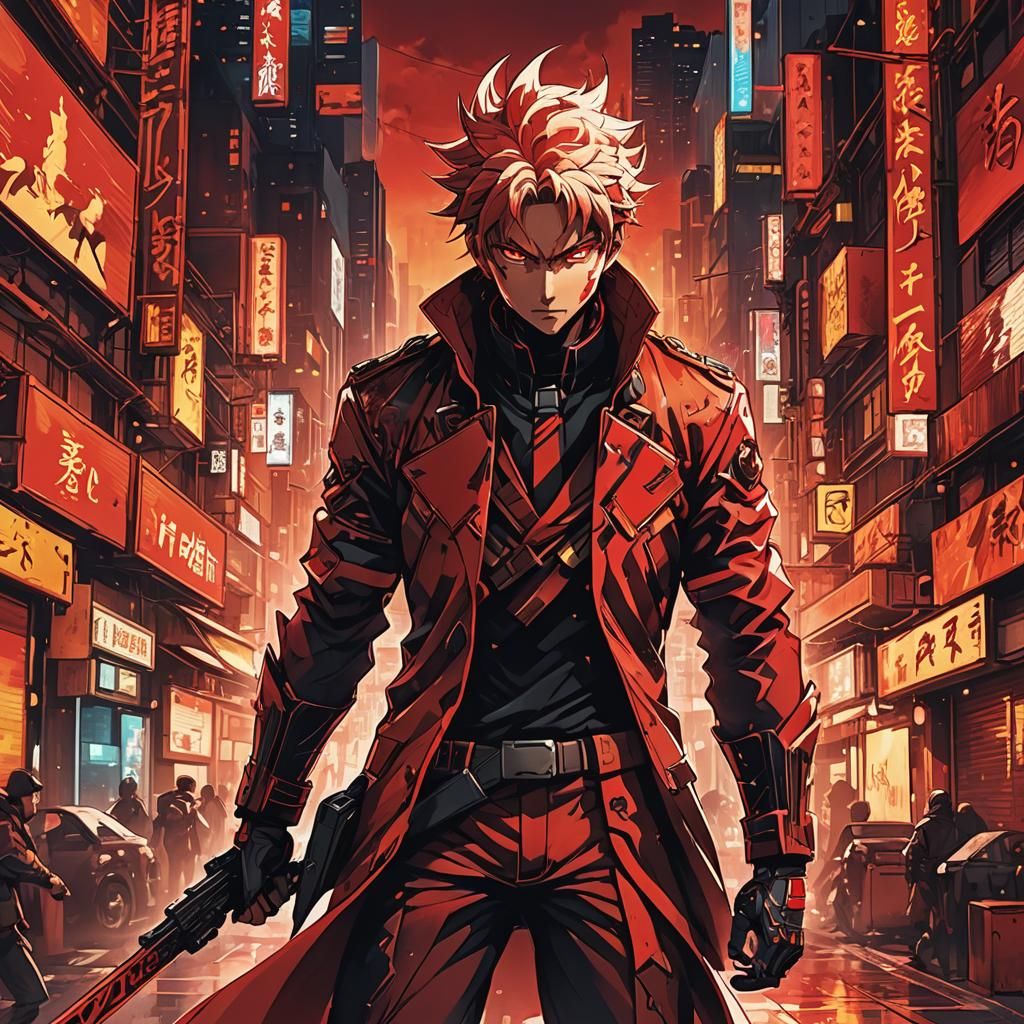 Dynamic Anime Samurai in Vibrant Red Cityscape