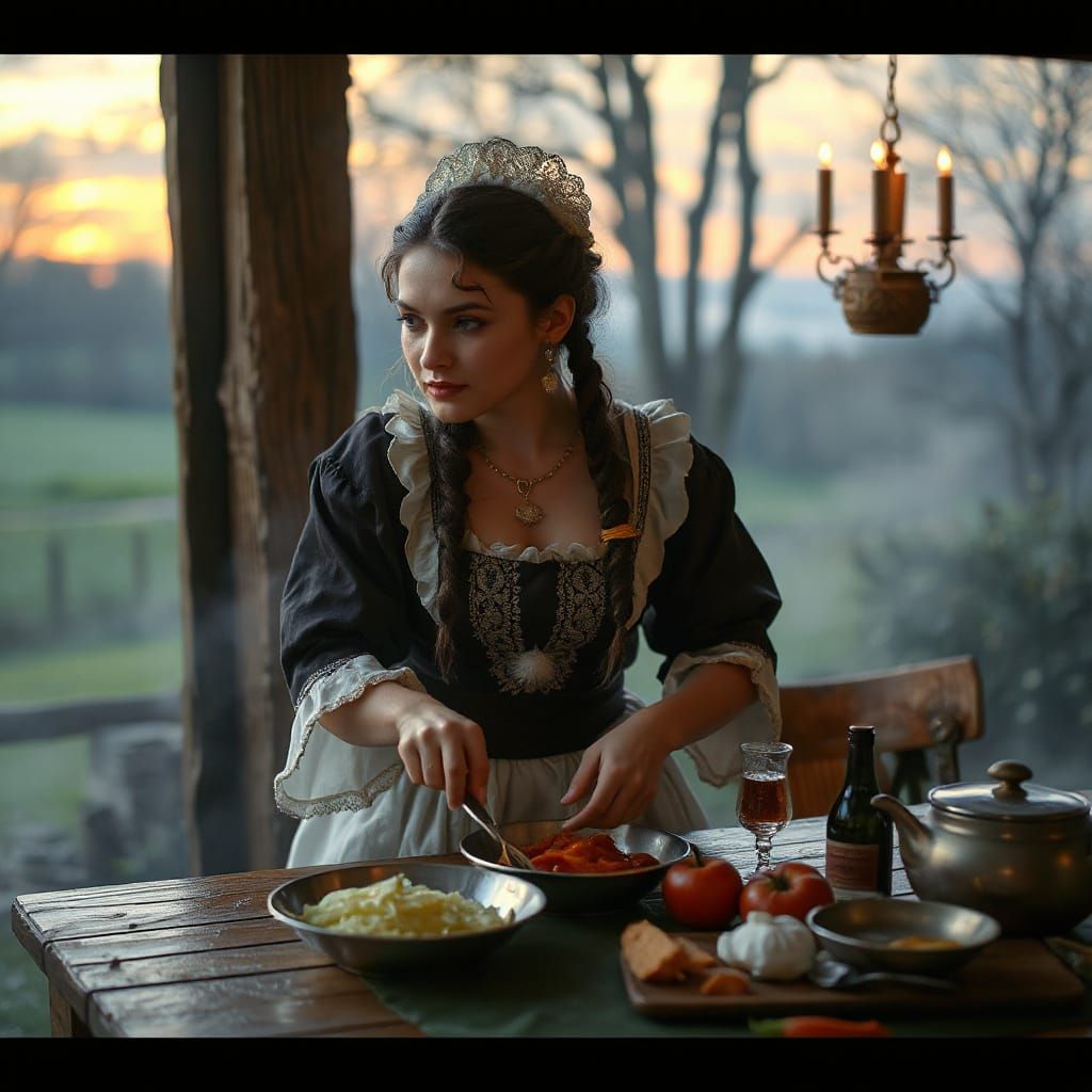 Medieval Maid Cooking in Ethereal Evening Light