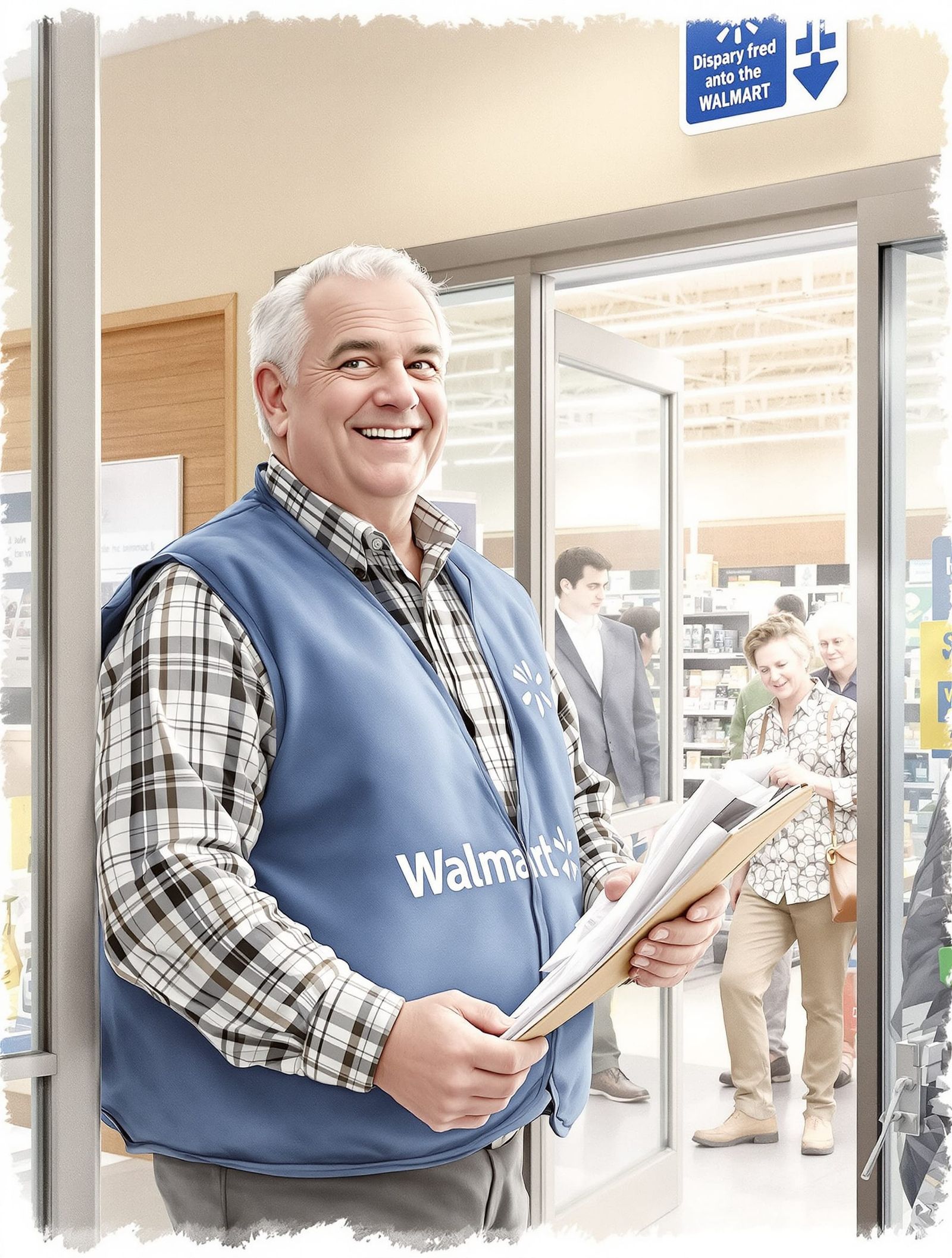 Walmart Employee Greeting Customers in Norman Rockwell Style