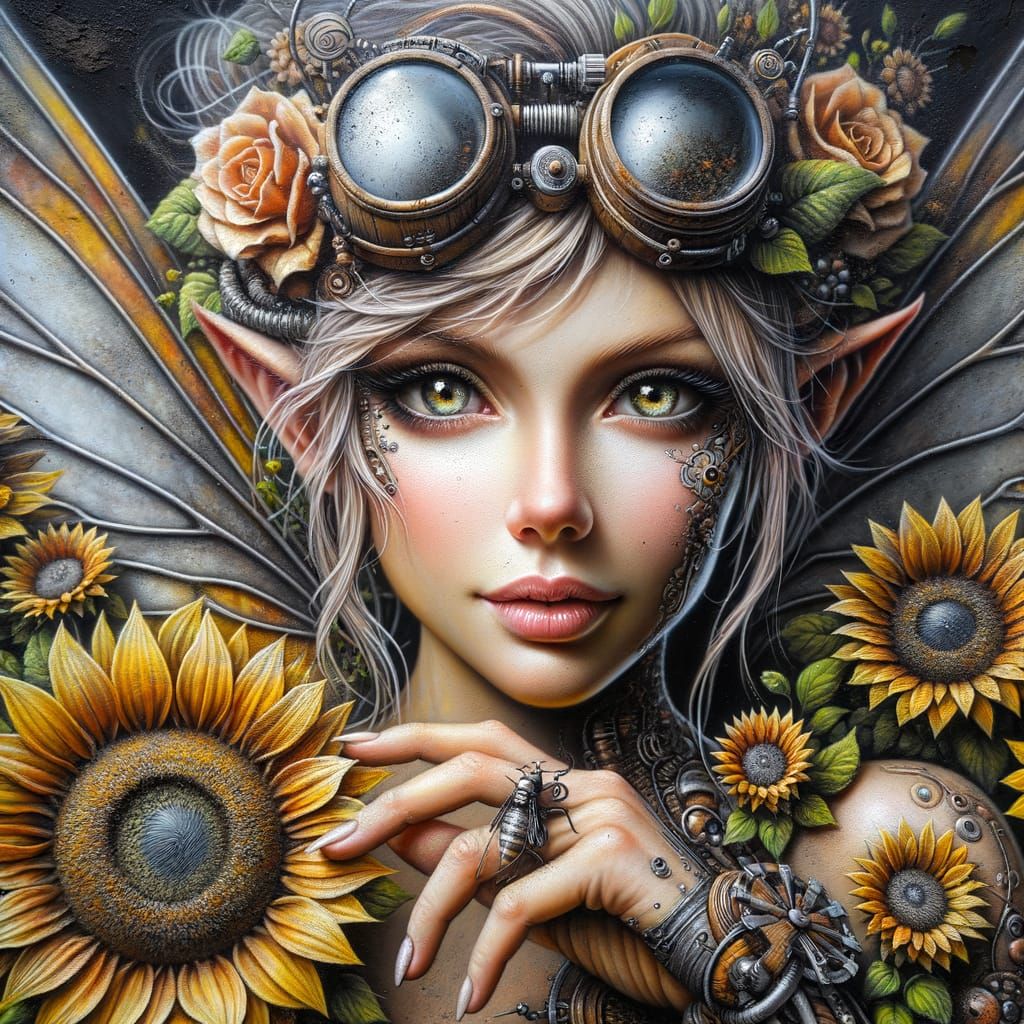 Detailed Pixie Fairy with Steampunk Accents Amidst Sunflower...