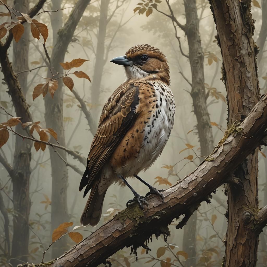 Thrush Perched on Branch in Misty Forest