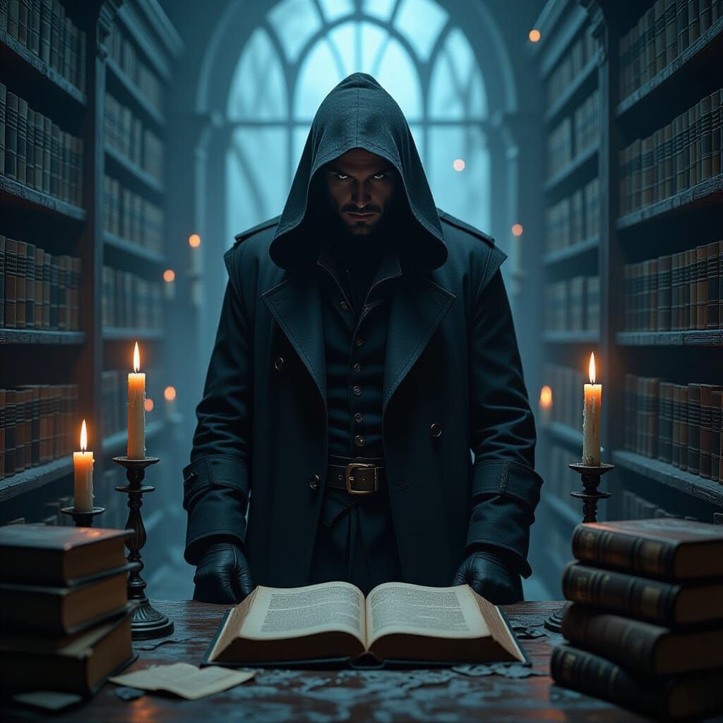 Mysterious Figure Among Ancient Tomes in Dark Art Style