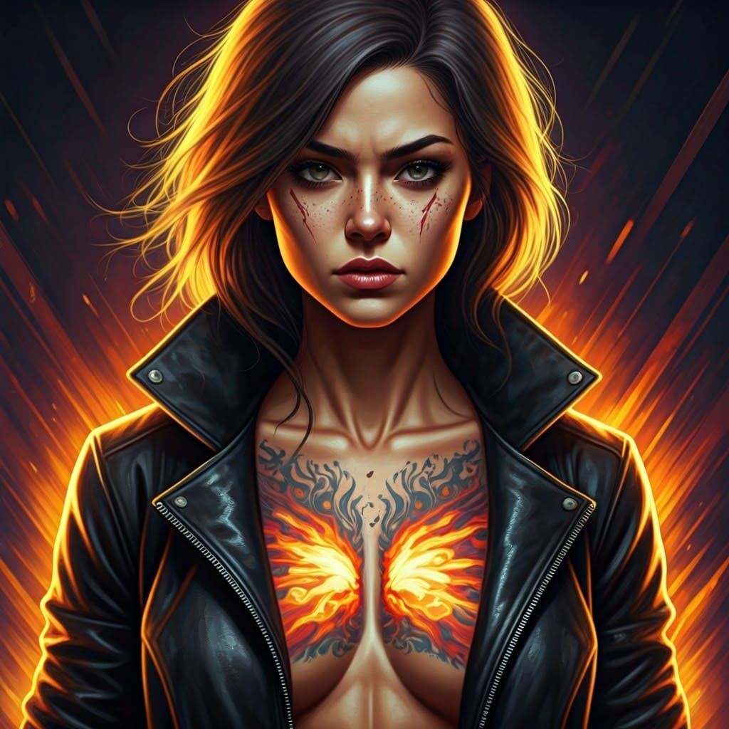 Fiery Tattoo on Woman in Sleek Jacket