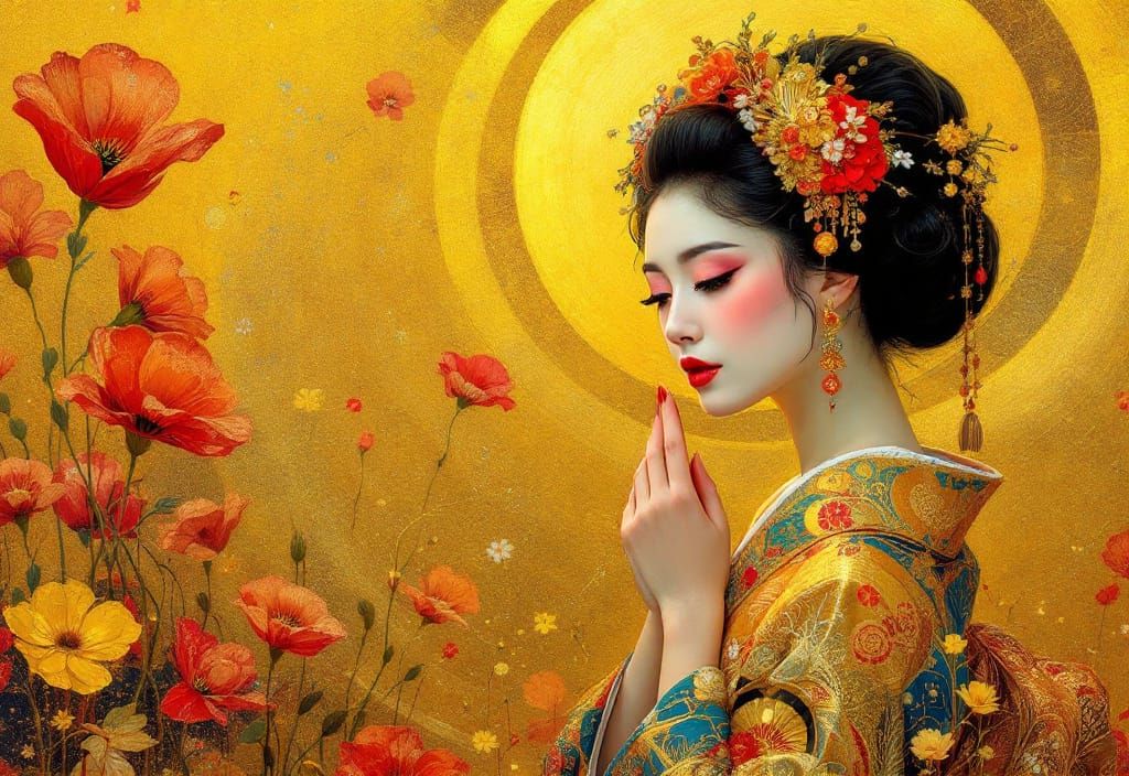 Golden Geisha Portrait in Impressionistic Style